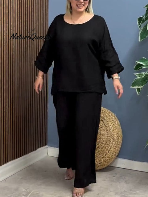 Women's Round Neck 3/4 Sleeve Loose Top Elastic Waist Casual Linen Wide Leg Pants Set
