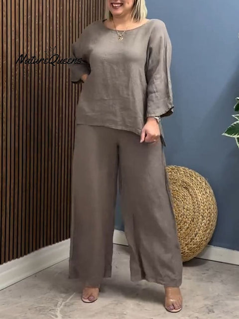 Women's Round Neck 3/4 Sleeve Loose Top Elastic Waist Casual Linen Wide Leg Pants Set