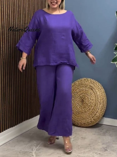 Women's Round Neck 3/4 Sleeve Loose Top Elastic Waist Casual Linen Wide Leg Pants Set