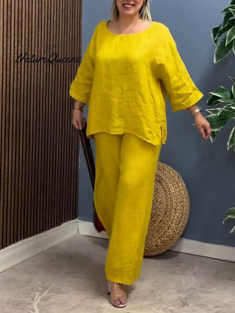 Women's Round Neck 3/4 Sleeve Loose Top Elastic Waist Casual Linen Wide Leg Pants Set
