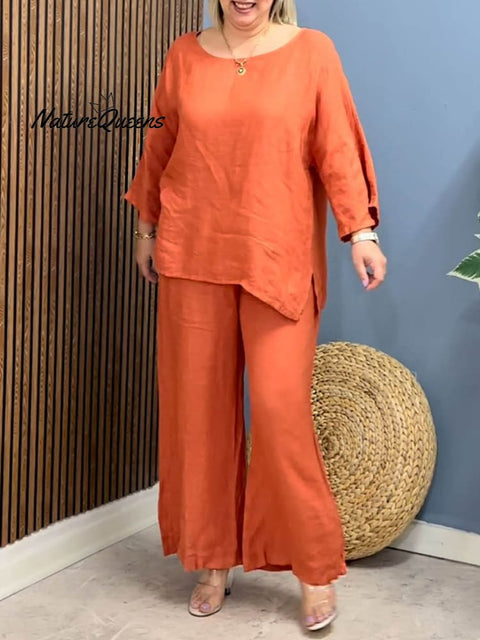 Women's Round Neck 3/4 Sleeve Loose Top Elastic Waist Casual Linen Wide Leg Pants Set