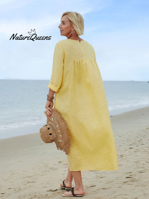 Women's Solid Color V-Neck Long Sleeve Casual Pocket Long Linen Dress