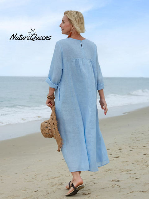 Women's Solid Color V-Neck Long Sleeve Casual Pocket Long Linen Dress