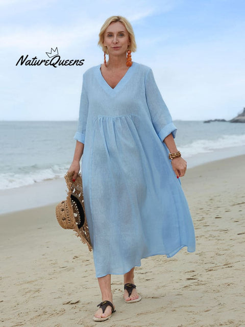 Women's Solid Color V-Neck Long Sleeve Casual Pocket Long Linen Dress
