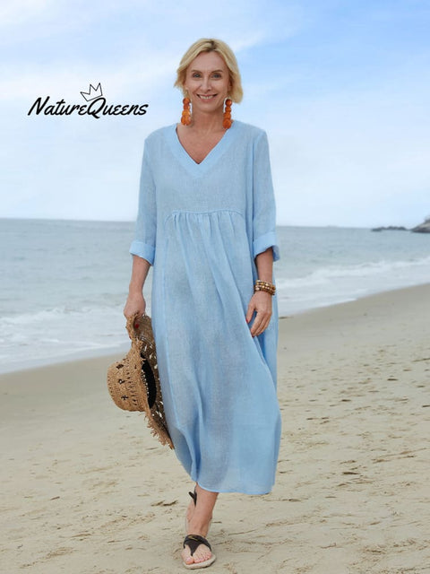 Women's Solid Color V-Neck Long Sleeve Casual Pocket Long Linen Dress