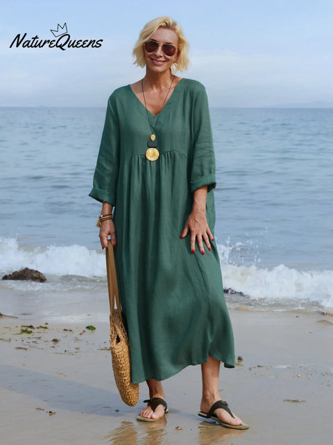 Women's Solid Color V-Neck Long Sleeve Casual Pocket Long Linen Dress