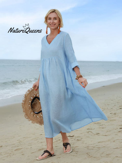Women's Solid Color V-Neck Long Sleeve Casual Pocket Long Linen Dress