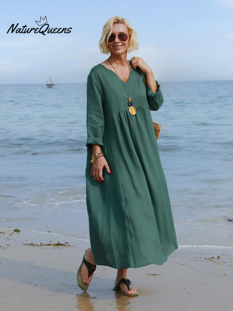 Women's Solid Color V-Neck Long Sleeve Casual Pocket Long Linen Dress