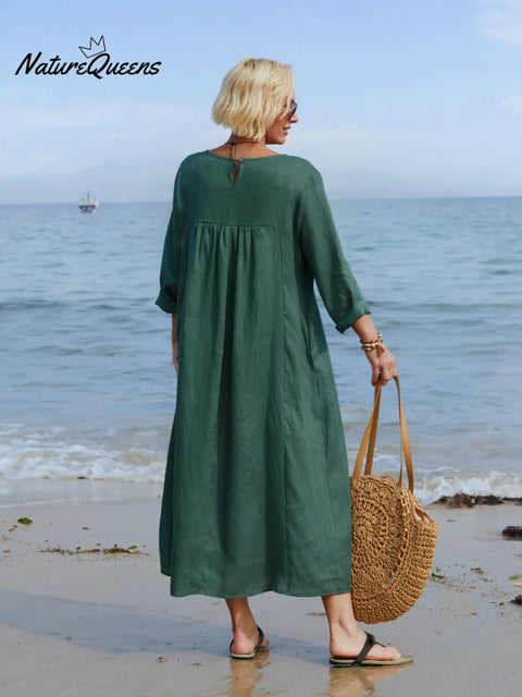 Women's Solid Color V-Neck Long Sleeve Casual Pocket Long Linen Dress