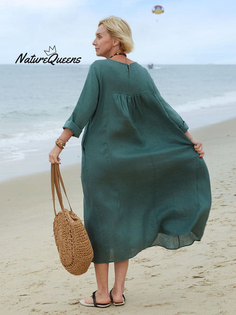 Women's Solid Color V-Neck Long Sleeve Casual Pocket Long Linen Dress