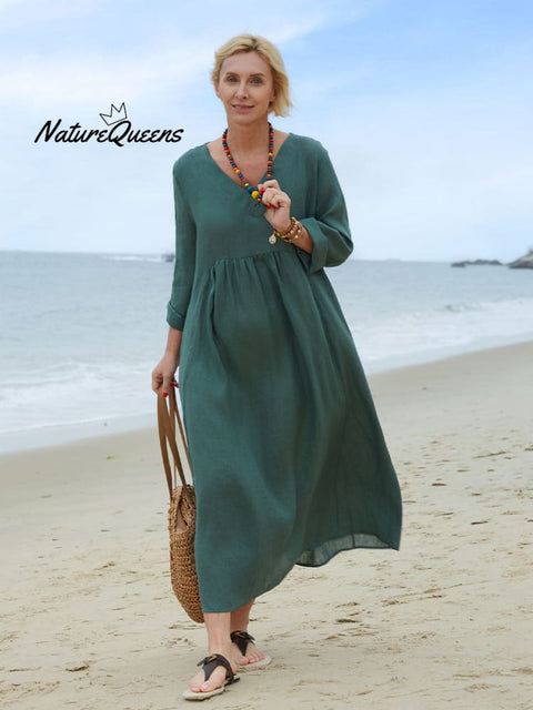Women's Solid Color V-Neck Long Sleeve Casual Pocket Long Linen Dress