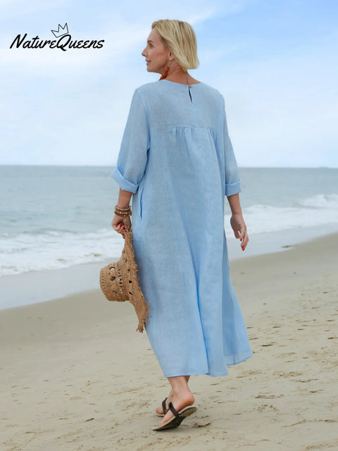 Women's Solid Color V-Neck Long Sleeve Casual Pocket Long Linen Dress