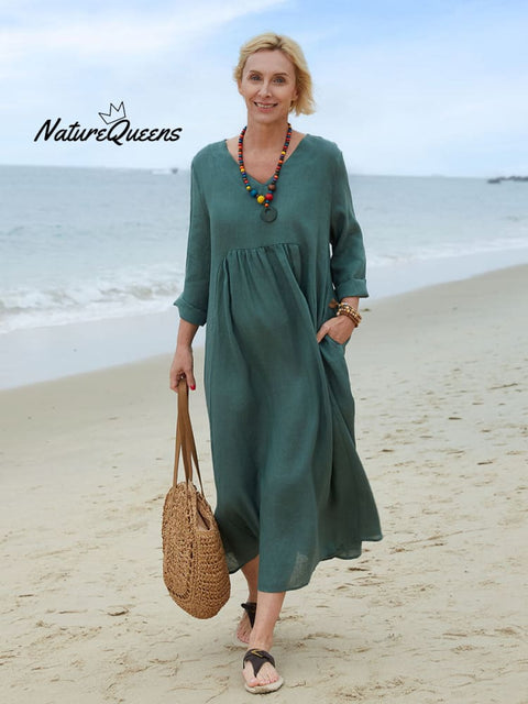Women's Solid Color V-Neck Long Sleeve Casual Pocket Long Linen Dress