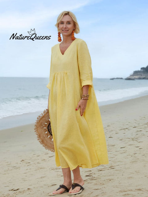 Women's Solid Color V-Neck Long Sleeve Casual Pocket Long Linen Dress