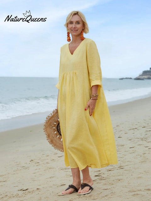Women's Solid Color V-Neck Long Sleeve Casual Pocket Long Linen Dress
