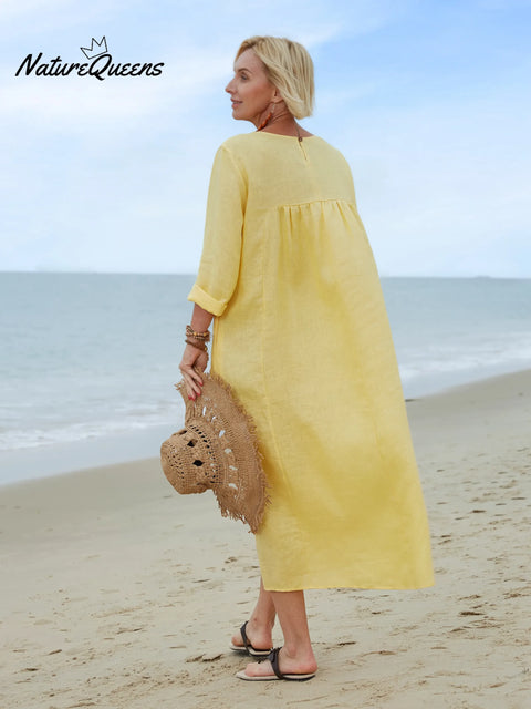 Women's Solid Color V-Neck Long Sleeve Casual Pocket Long Linen Dress