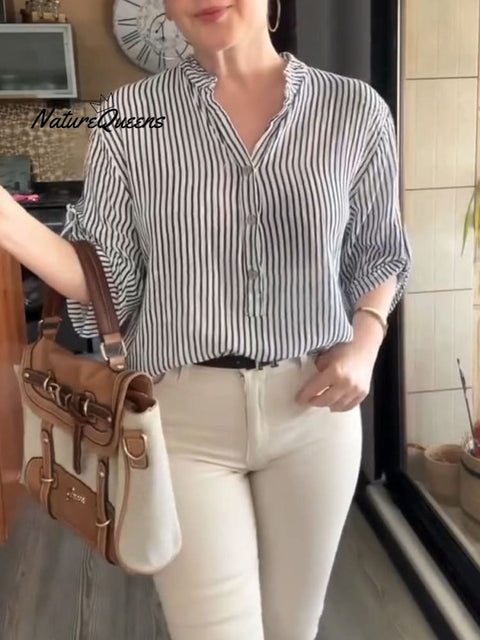 Women's V Neck 3/4 Sleeve Striped Casual Linen Shirt Top