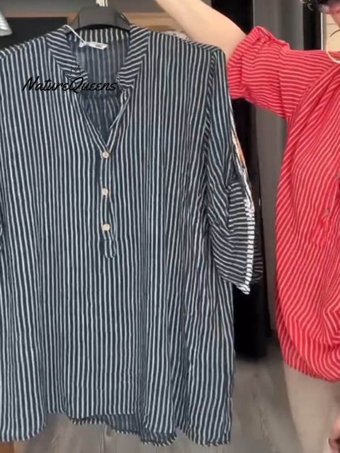Women's V Neck 3/4 Sleeve Striped Casual Linen Shirt Top
