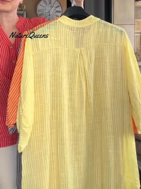 Women's V Neck 3/4 Sleeve Striped Casual Linen Shirt Top