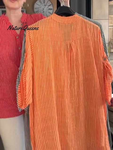 Women's V Neck 3/4 Sleeve Striped Casual Linen Shirt Top