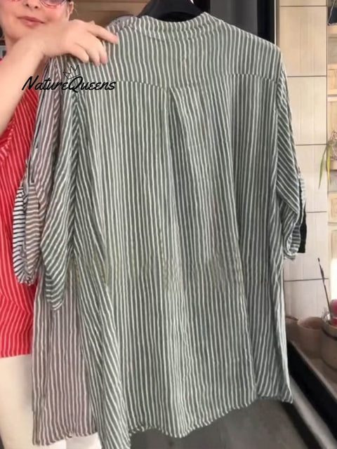 Women's V Neck 3/4 Sleeve Striped Casual Linen Shirt Top