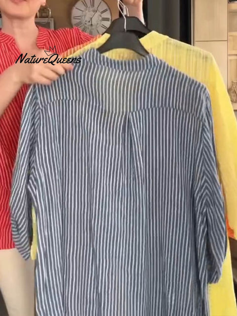 Women's V Neck 3/4 Sleeve Striped Casual Linen Shirt Top