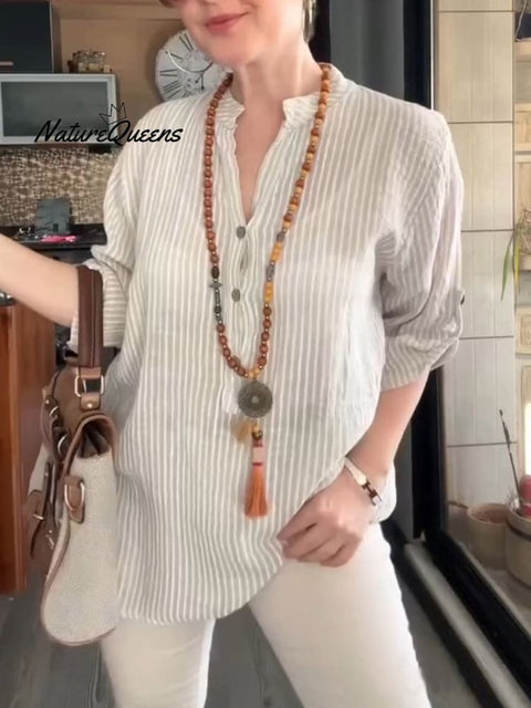 Women's V Neck 3/4 Sleeve Striped Casual Linen Shirt Top