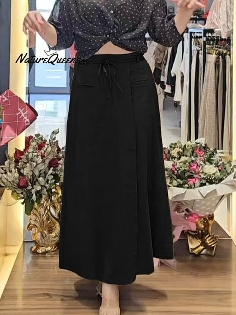 Women's  Half Elastic Waist Lace-up Casual Pocket Cotton and Linen Skirt