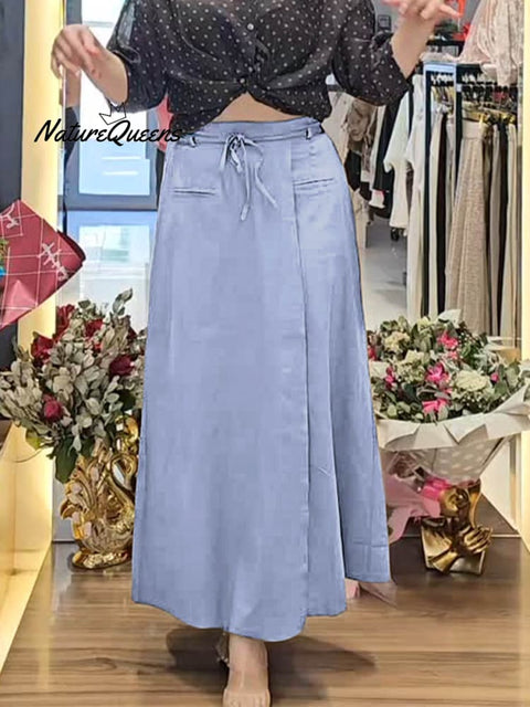Women's  Half Elastic Waist Lace-up Casual Pocket Cotton and Linen Skirt