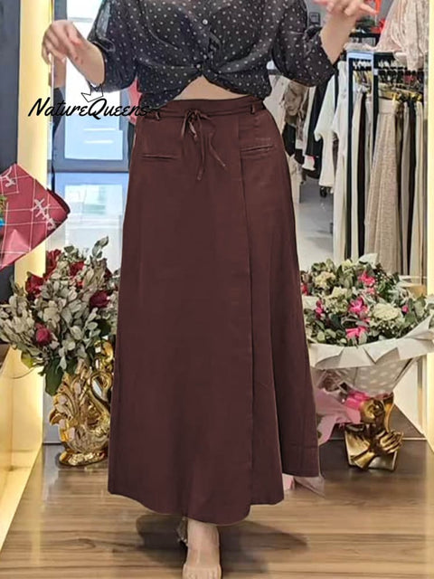 Women's  Half Elastic Waist Lace-up Casual Pocket Cotton and Linen Skirt