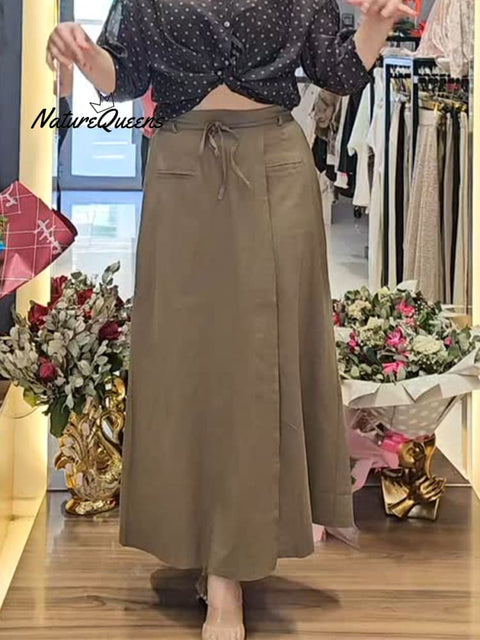 Women's  Half Elastic Waist Lace-up Casual Pocket Cotton and Linen Skirt