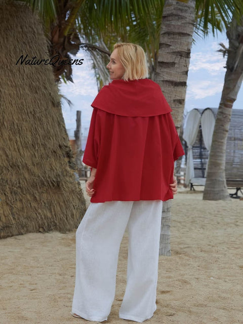 Women's Solid Color Lapel 3/4 Sleeves Casual Pocket Linen Top