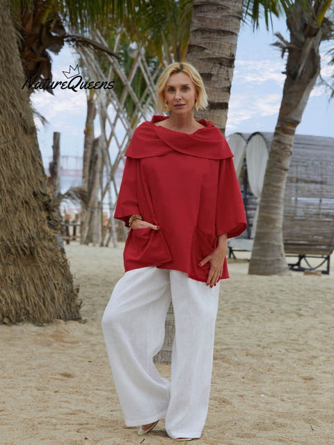Women's Solid Color Lapel 3/4 Sleeves Casual Pocket Linen Top