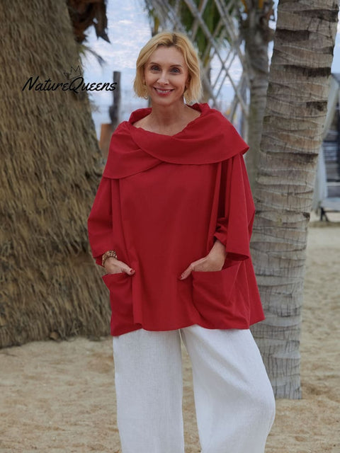 Women's Solid Color Lapel 3/4 Sleeves Casual Pocket Linen Top