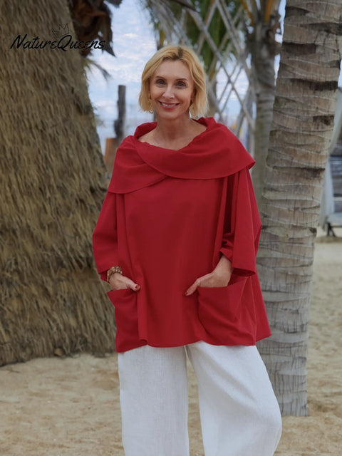 Women's Solid Color Lapel 3/4 Sleeves Casual Pocket Linen Top