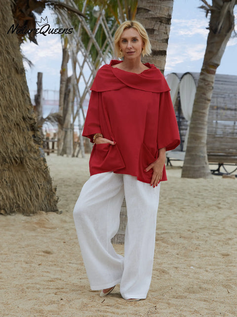 Women's Solid Color Lapel 3/4 Sleeves Casual Pocket Linen Top