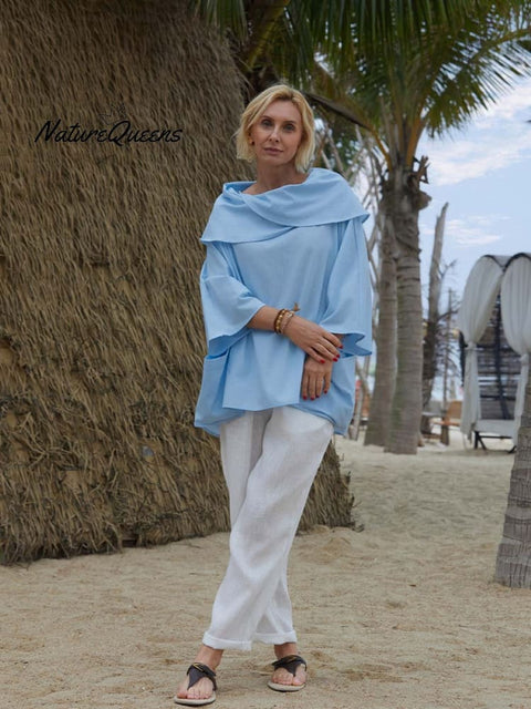 Women's Solid Color Lapel 3/4 Sleeves Casual Pocket Linen Top