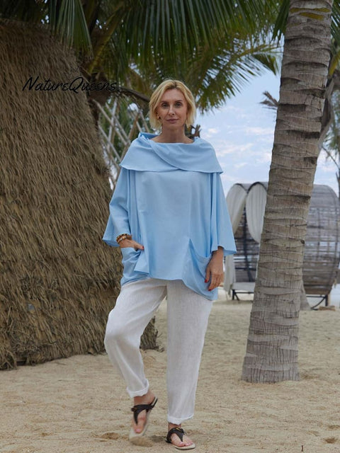 Women's Solid Color Lapel 3/4 Sleeves Casual Pocket Linen Top