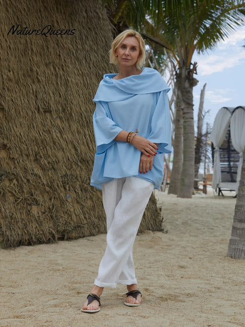Women's Solid Color Lapel 3/4 Sleeves Casual Pocket Linen Top