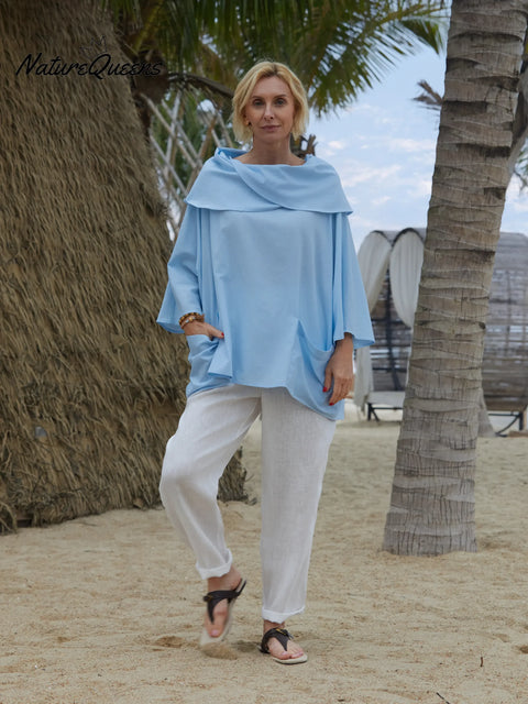 Women's Solid Color Lapel 3/4 Sleeves Casual Pocket Linen Top