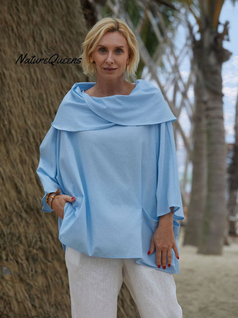 Women's Solid Color Lapel 3/4 Sleeves Casual Pocket Linen Top