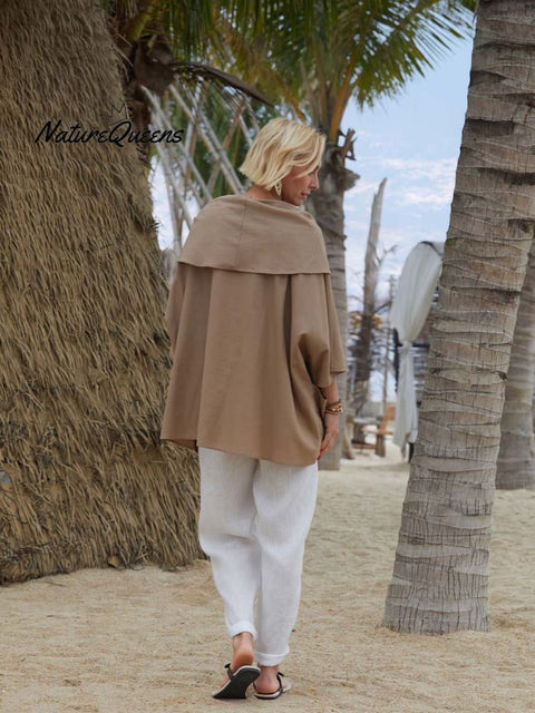 Women's Solid Color Lapel 3/4 Sleeves Casual Pocket Linen Top