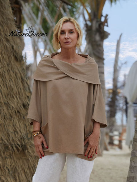 Women's Solid Color Lapel 3/4 Sleeves Casual Pocket Linen Top
