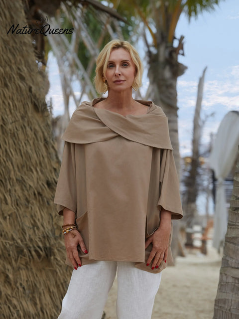 Women's Solid Color Lapel 3/4 Sleeves Casual Pocket Linen Top