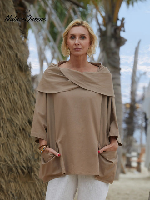 Women's Solid Color Lapel 3/4 Sleeves Casual Pocket Linen Top
