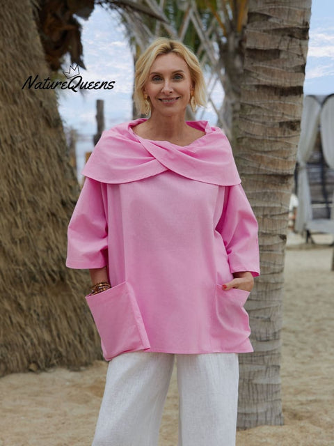 Women's Solid Color Lapel 3/4 Sleeves Casual Pocket Linen Top
