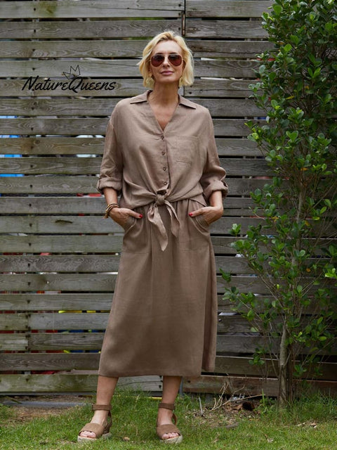 Women's Solid Color V-Neck 3/4 Sleeves Casual Tie Linen Cardigan Top