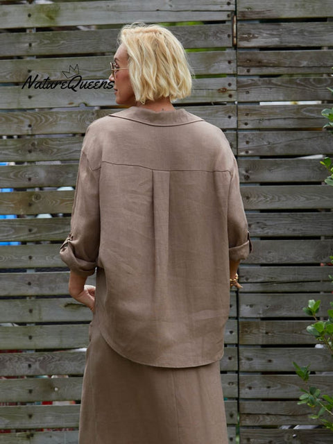 Women's Solid Color V-Neck 3/4 Sleeves Casual Tie Linen Cardigan Top