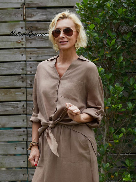 Women's Solid Color V-Neck 3/4 Sleeves Casual Tie Linen Cardigan Top
