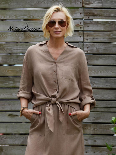 Women's Solid Color V-Neck 3/4 Sleeves Casual Tie Linen Cardigan Top